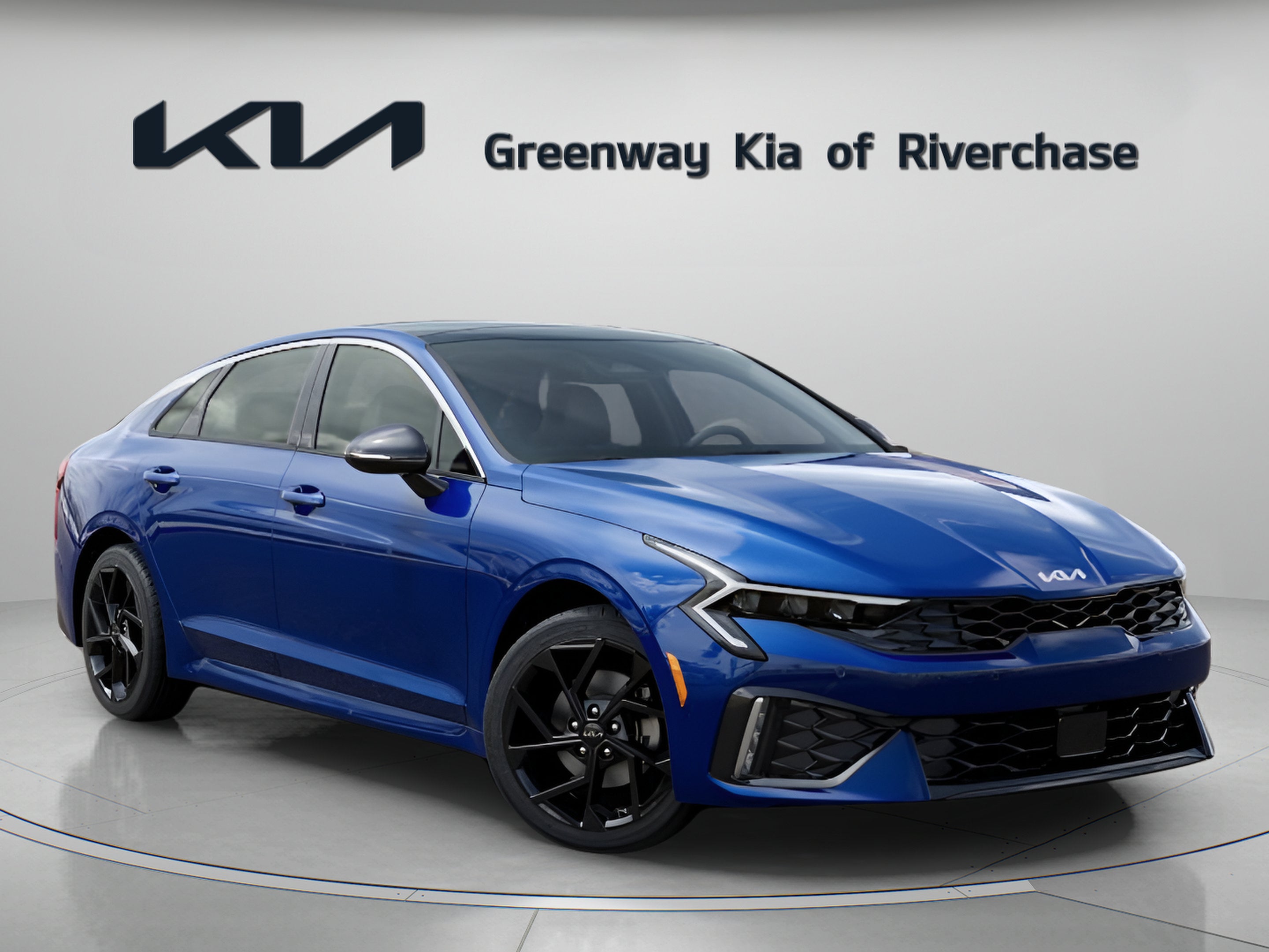 2026 Kia K5 GT-Line in Yacht Blue — front three-quarter view